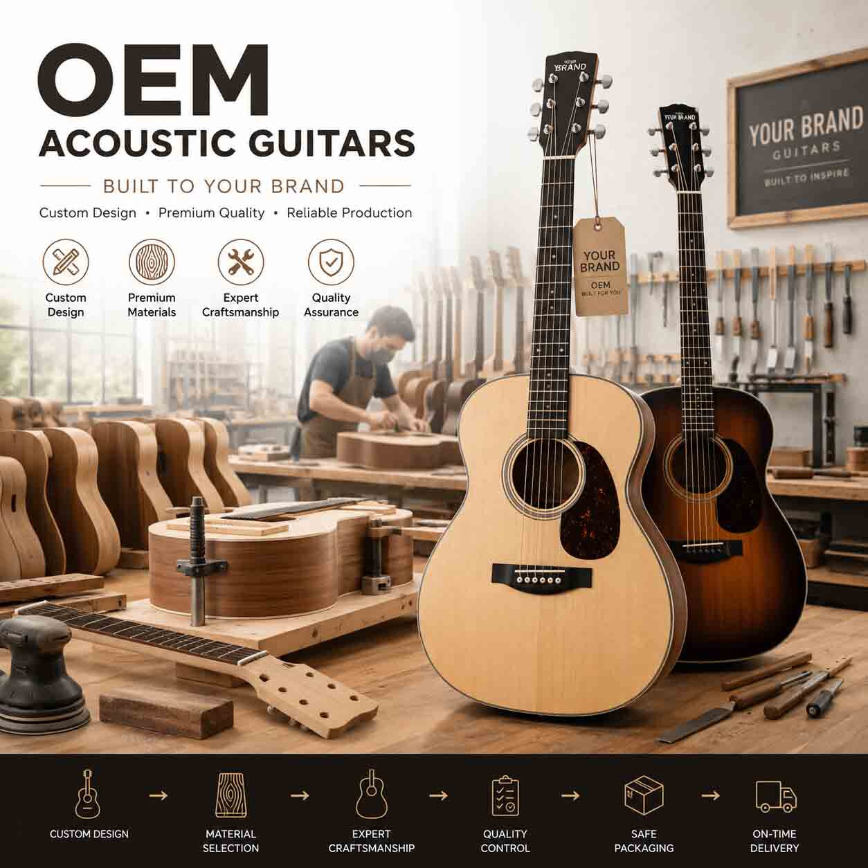 Главное фото товара - Производство акустической гитары аудиториум с корпусом из палисандра под бренд клиента