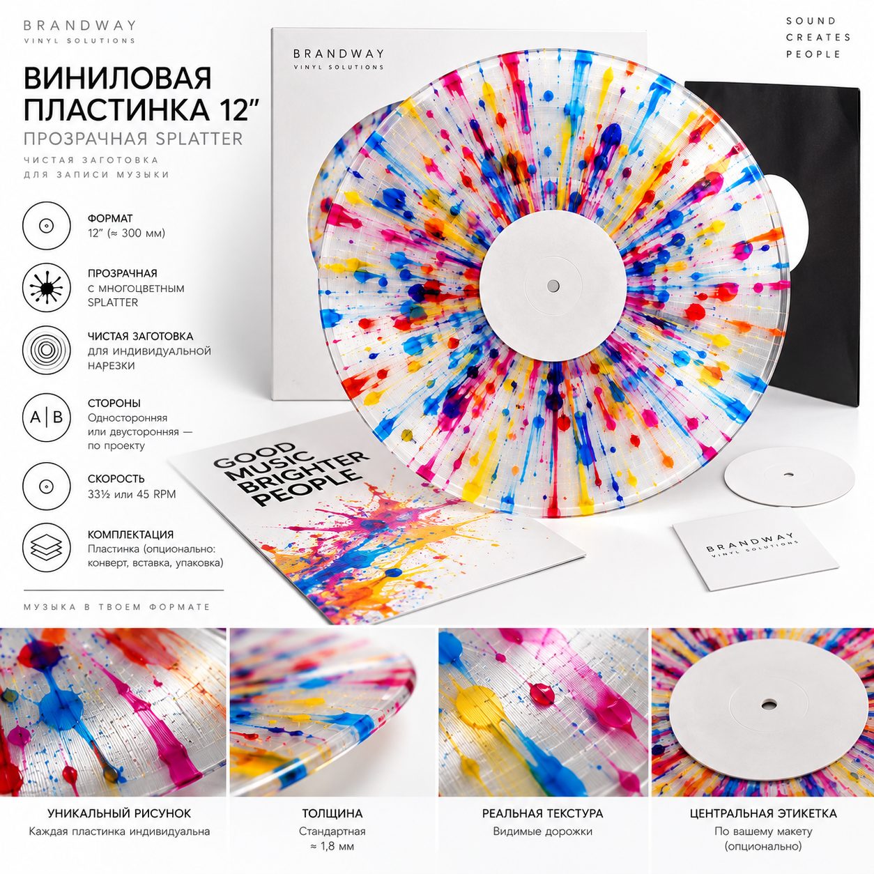 Главное фото товара - Чистая виниловая пластинка 12″, прозрачная многоцветная, splatter, для записи музыки