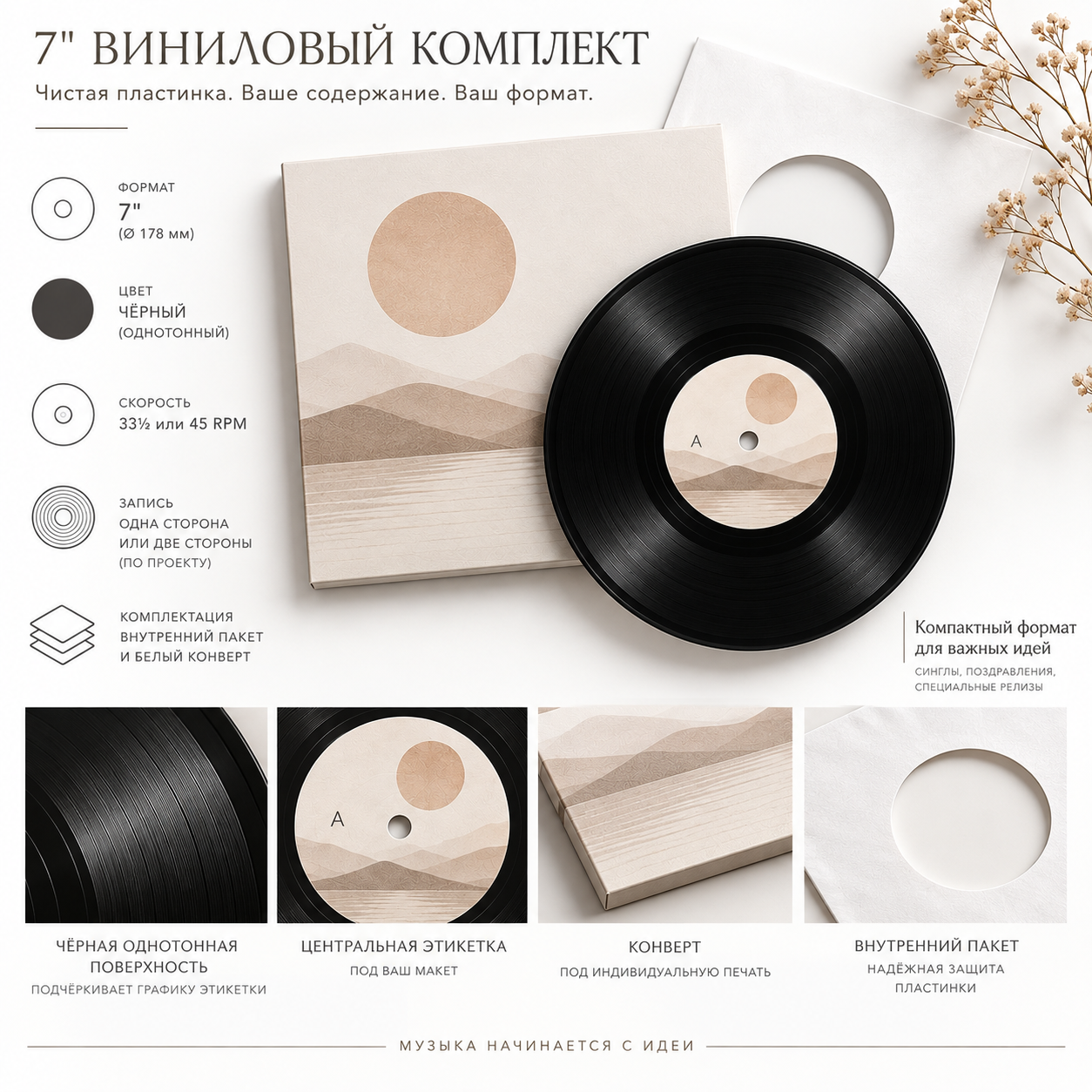 Главное фото товара - Подарочный комплект с чистой виниловой пластинкой 7″, чёрной